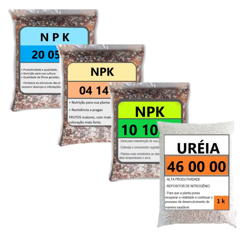 kit Completo Adubo fertilizante NPK 10-10-10 + 04-14-08 + 20-05-20 + Ureia