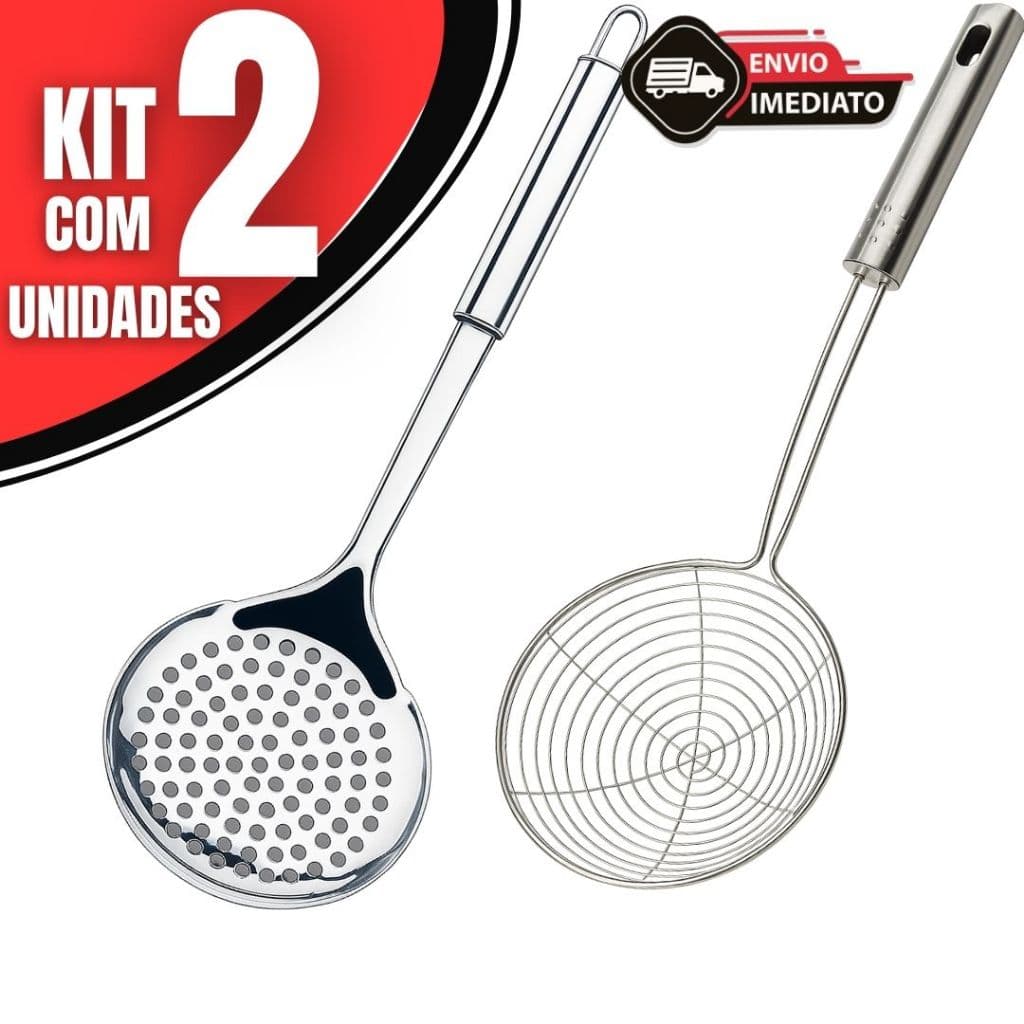 Kit 2 Escumadeiras Inox Cozinha + Fritura Aço Inoxidável Aramada Resistente