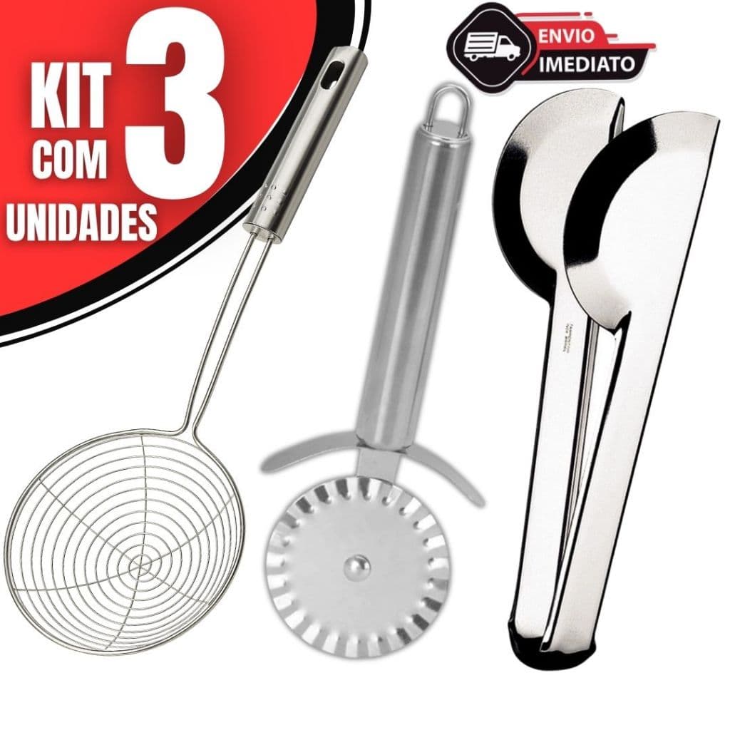 Pegador Inox + Escumadeira Fritura + Cortador de Pastel | Kit Utensílios Cozinha