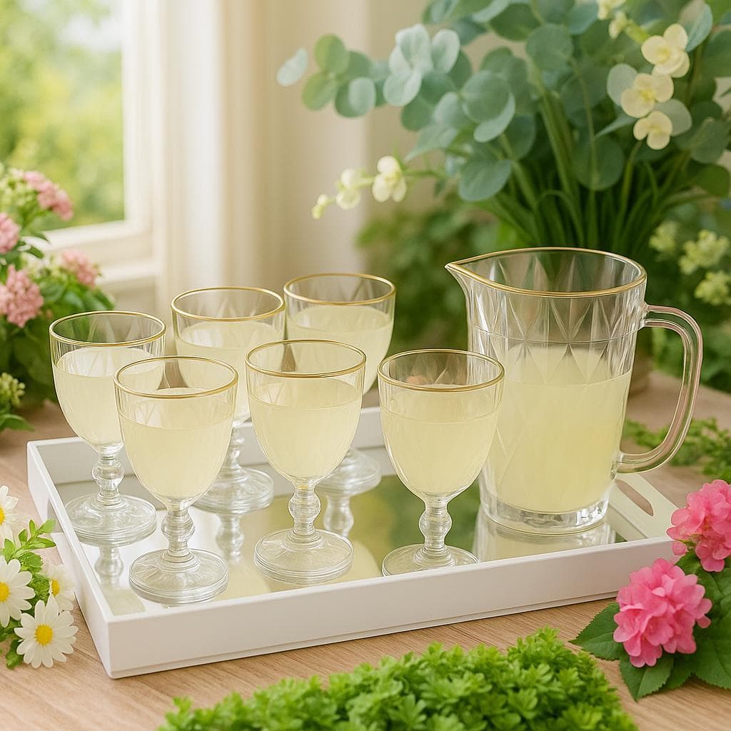 Jogo Com 1 Jarra e 6 Taças Diamond Transparentes com Bordas Douradas - Gamma
