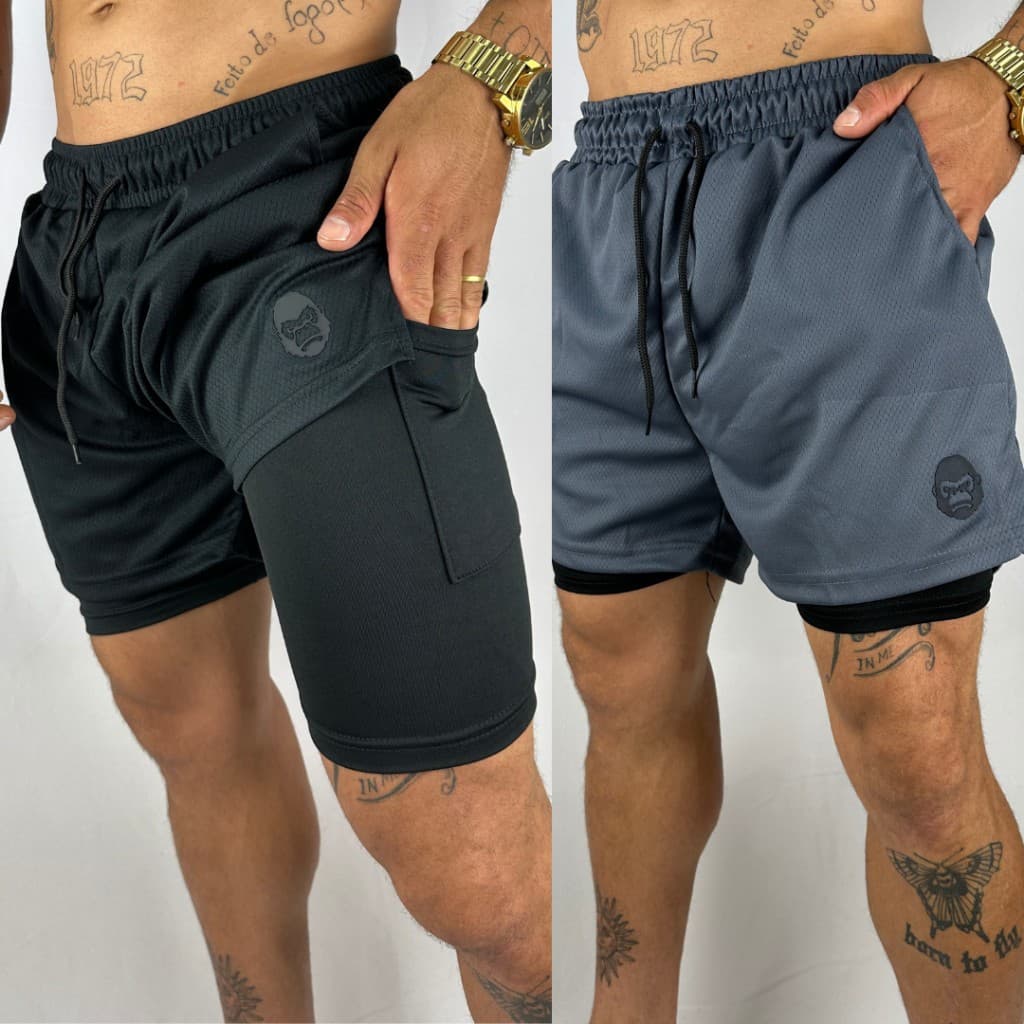 Kit 2 Shorts Masculino 2 em 1 Crossfit Treino Academia
