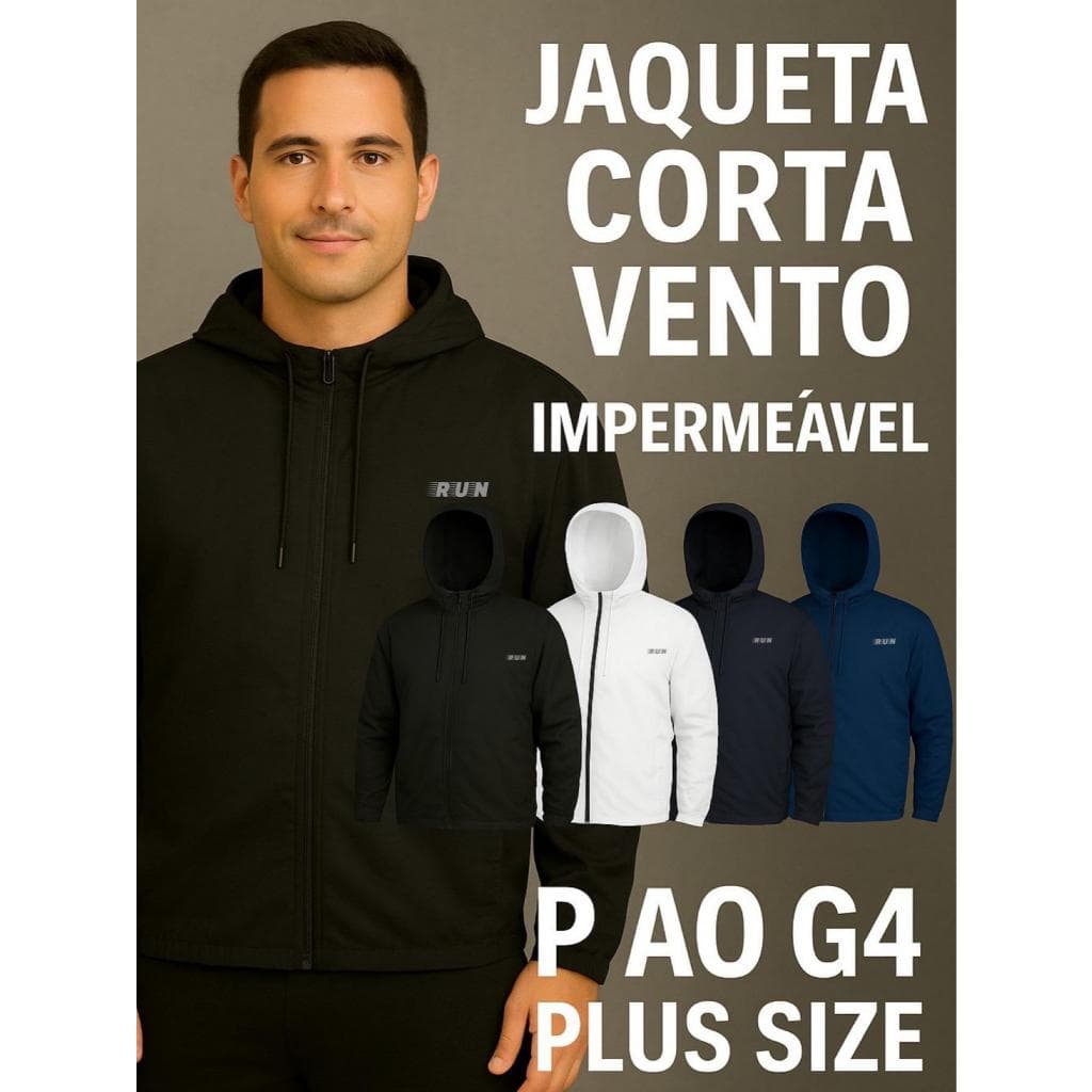 Jaqueta Corta Vento Impermeável P ao G4 Plus Size UV+ Gola Alta Semi Forrada Corrida Academia