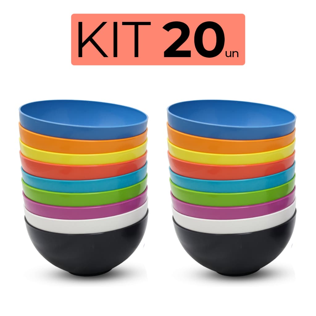 Conjunto Com 20 Bowls de 380ml Tigelas Plástico Cores Vivas Colorido Sobremesa Sopa Caldos Sorvete