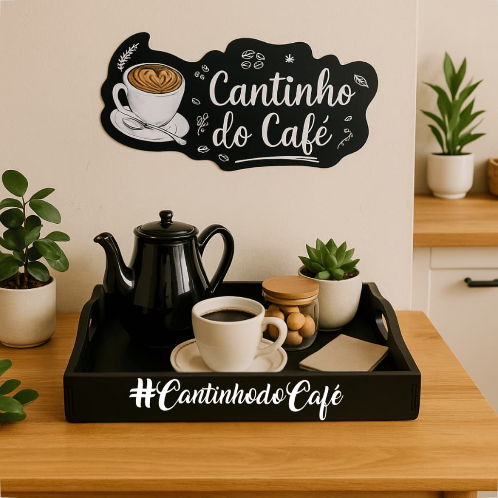 Kit Cantinho do Café Bandeija + Plaquinhas Adesivada Decoração Catinho do Café