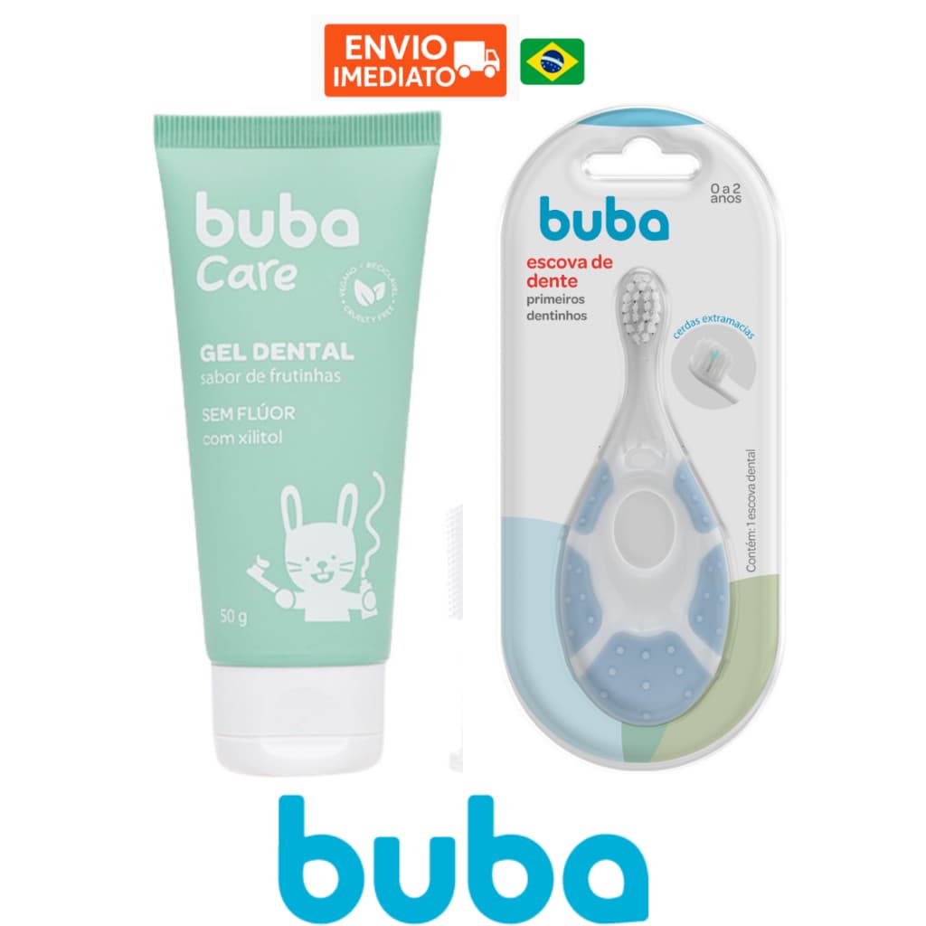 Kit Escova de Dente Azul Mordedor Bebe Infantil e Pasta de Dente Bebe Infantil Buba