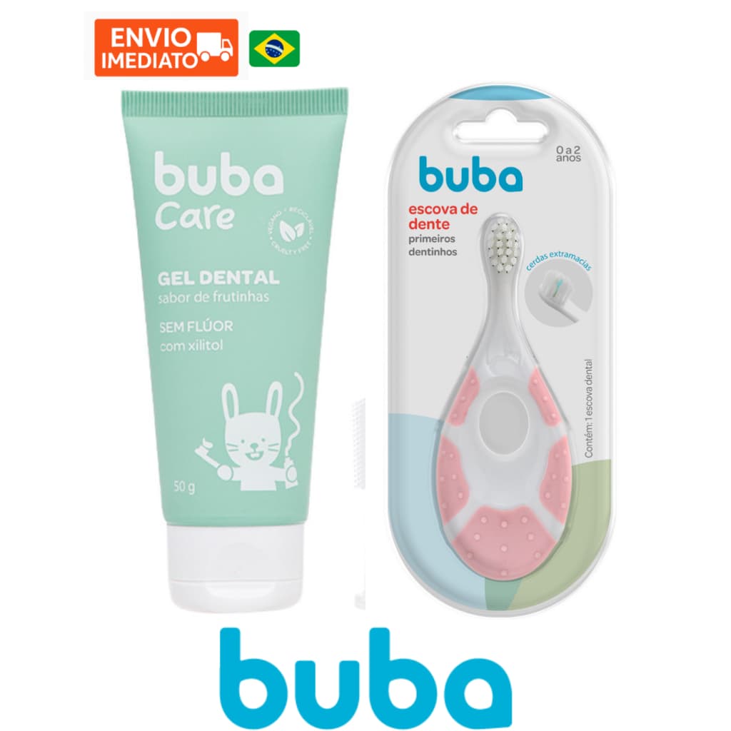 Kit Escova de Dente Rosa Mordedor Bebe Infantil e Pasta de Dente Bebe Infantil Buba