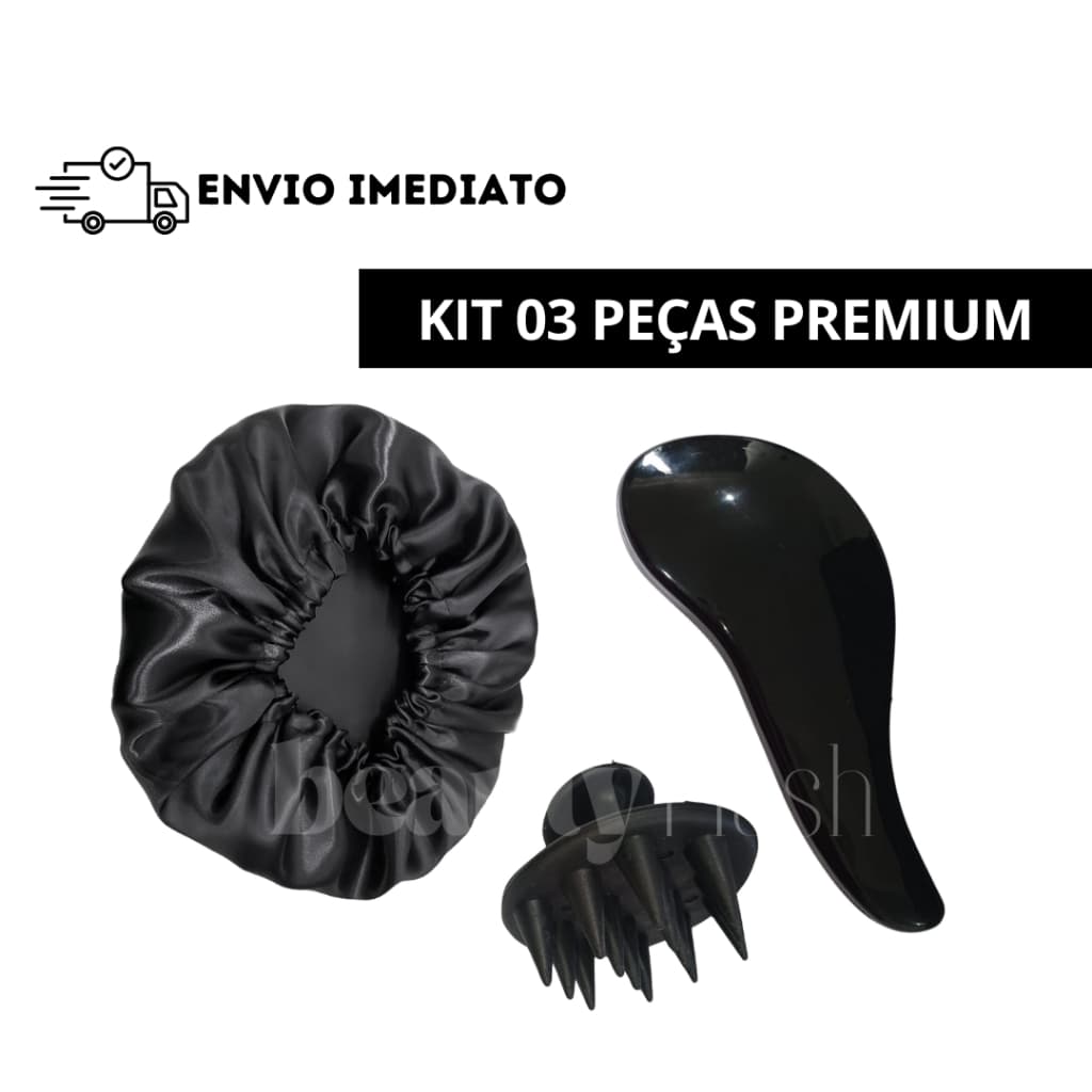 Kit Peças Premium Escova Cabelo Mágica Massageador Silicone e Touca Cetim