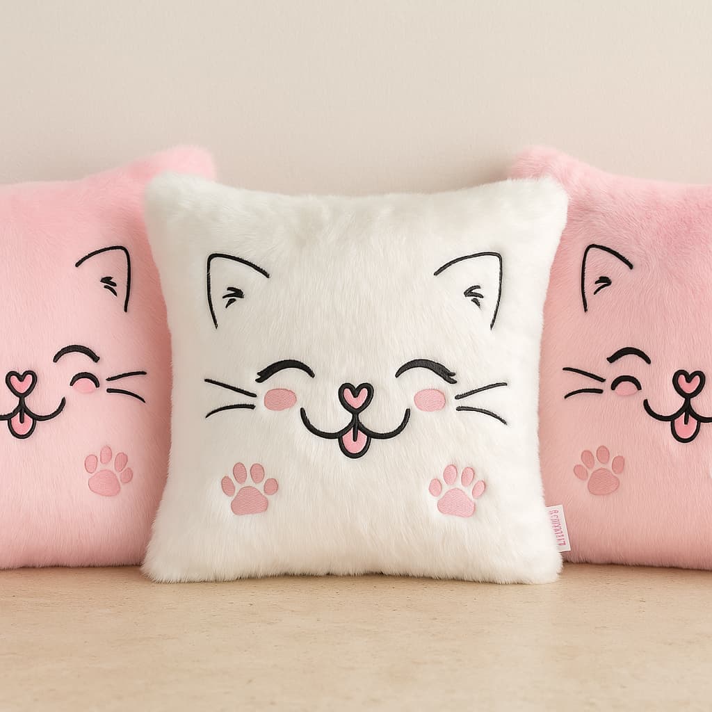 Almofada  + Capa Decorativa Gatinho Kawaii – Super Fofa e Macia Pelo Alta