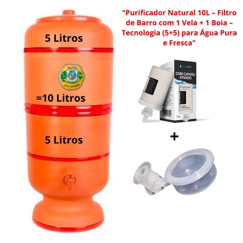 Filtro de barro 10L(5L+5L) com vela de carvão ativado e boia. Água pura, natural e sem impurezas.