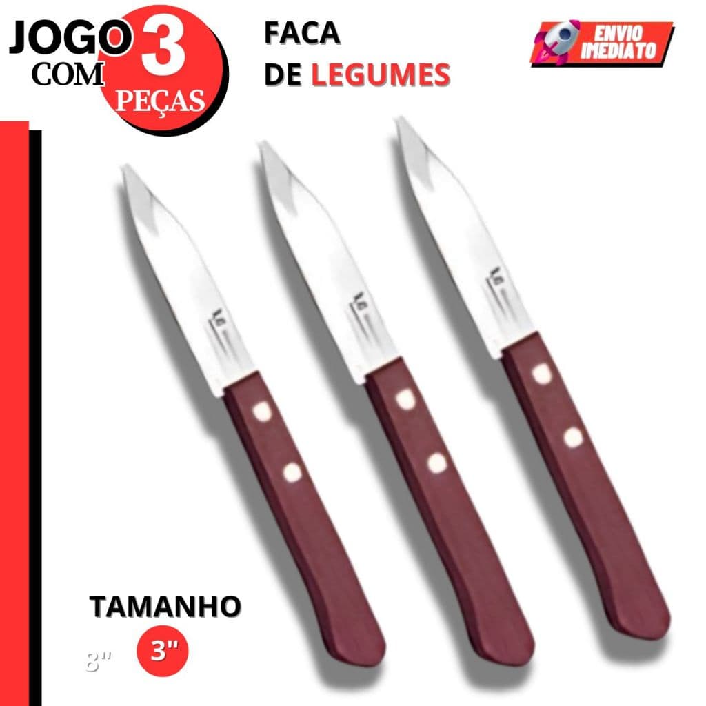 Faca Legumes Faquinha Aço Inox 3 Unidades Cabo de Madeira Profissional Ideal para legumes e Frutas.