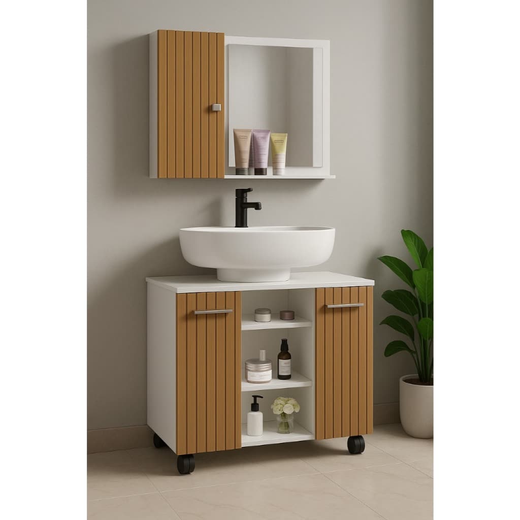 Armário Para Banheiro Kit Completo Gabinete Para Pia De Coluna Com Rodízios + Espelheira Com Prateleira