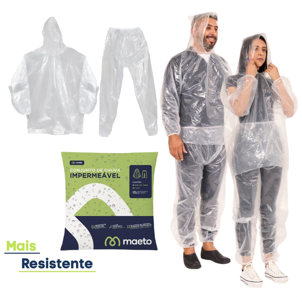Conjunto Capa de Chuva Transparente com Elásticos Bata Calça Capuz Reutilizável Resistente
