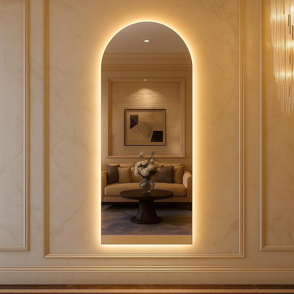 Espelho Oval Base Reta Led 150cm 170cm Luz Branco e Luz Amarela Flame Quarto Sala Salão Loja