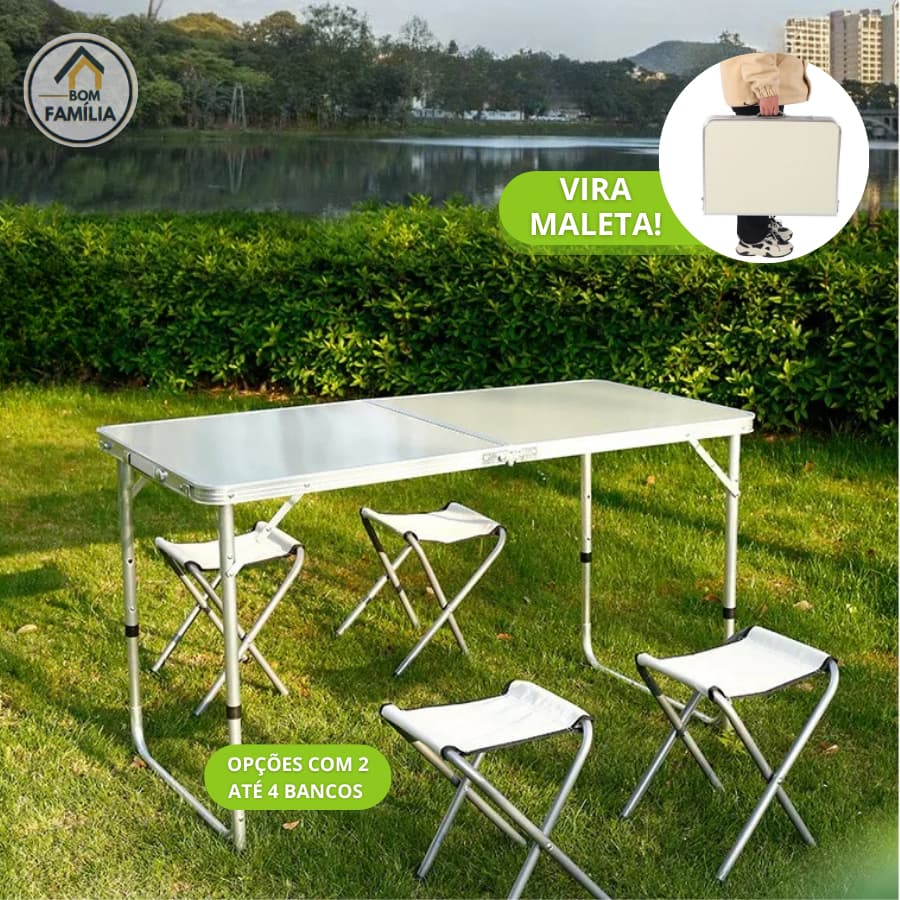 Mesa Dobrável Portátil 3 Tamanhos Vira Maleta Com Alça Resistente e Compacta Opção com Bancos