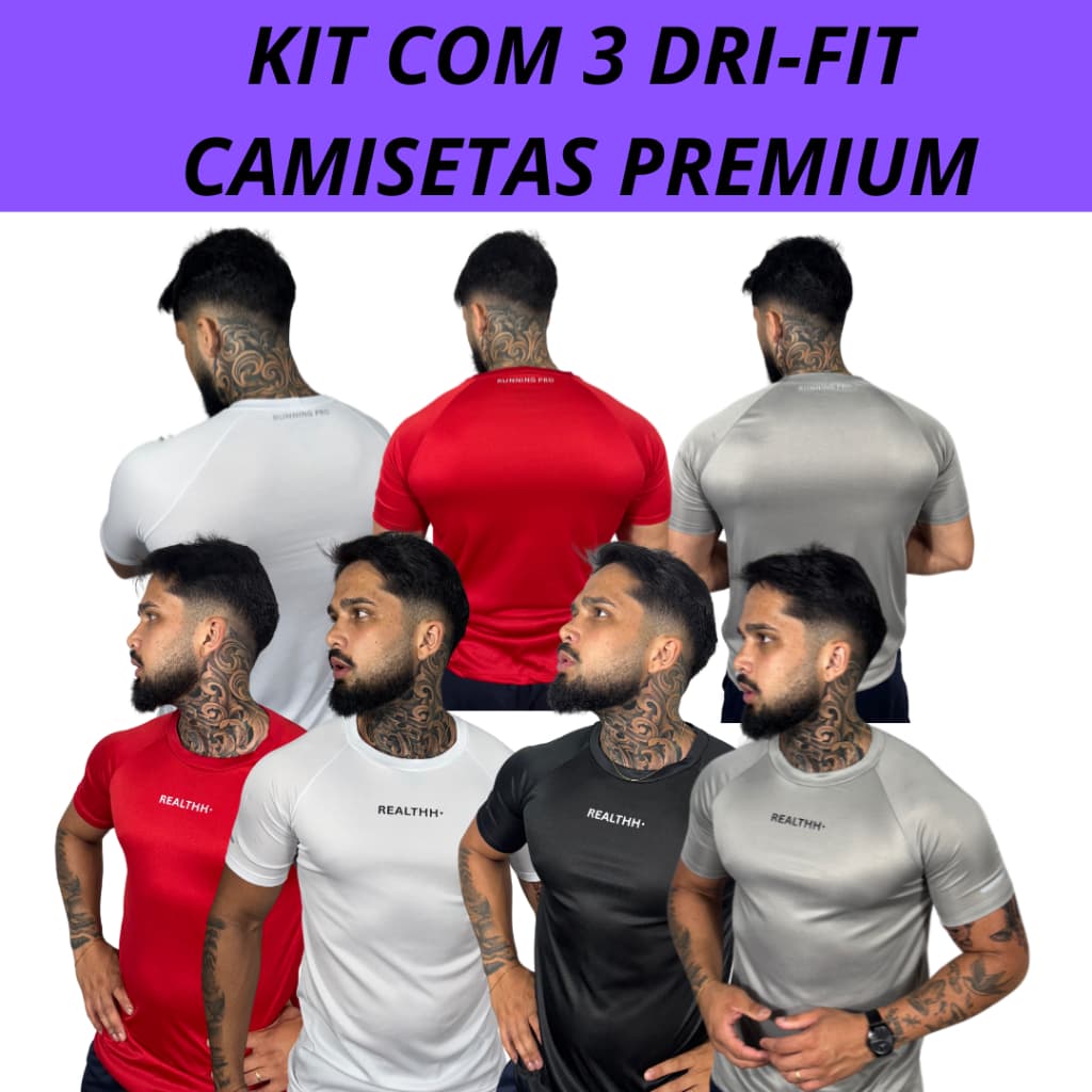 Kit 3 Camisetas Performance Dry Fit Raglan Masculina Casual Treino Academia Esportes Realth