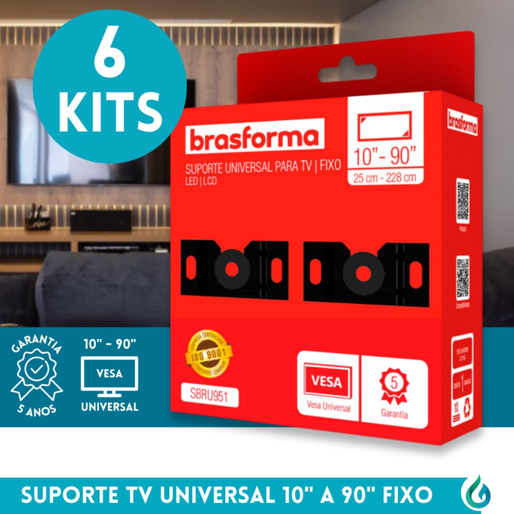 Suporte TV Fixo Universal 10 a 90 Polegadas Brasforma SBRU951 VESA Kit 6 Unidades