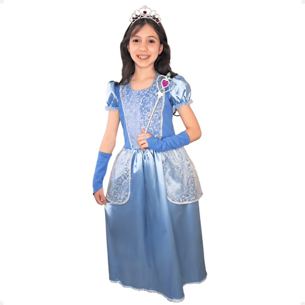 Vestido Longo Fantasia de Cetim Princesa Cinderela Menina Luxuoso Luvas Coroa Varinha Confortável