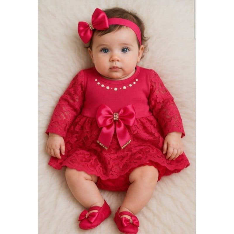 vestido para bebê manga longa, sapatinho laço e calcinha tapa fralda festas em geral
