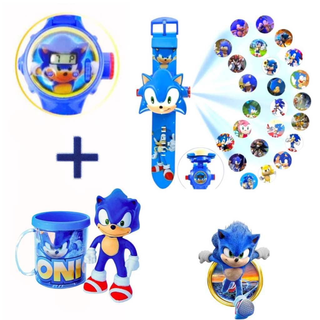 Relógio Sonic Projetor De Imagens Tema Filme Sonic 3 + Boneco Sonic 16 Cm + Caneca Personalizada Sonic