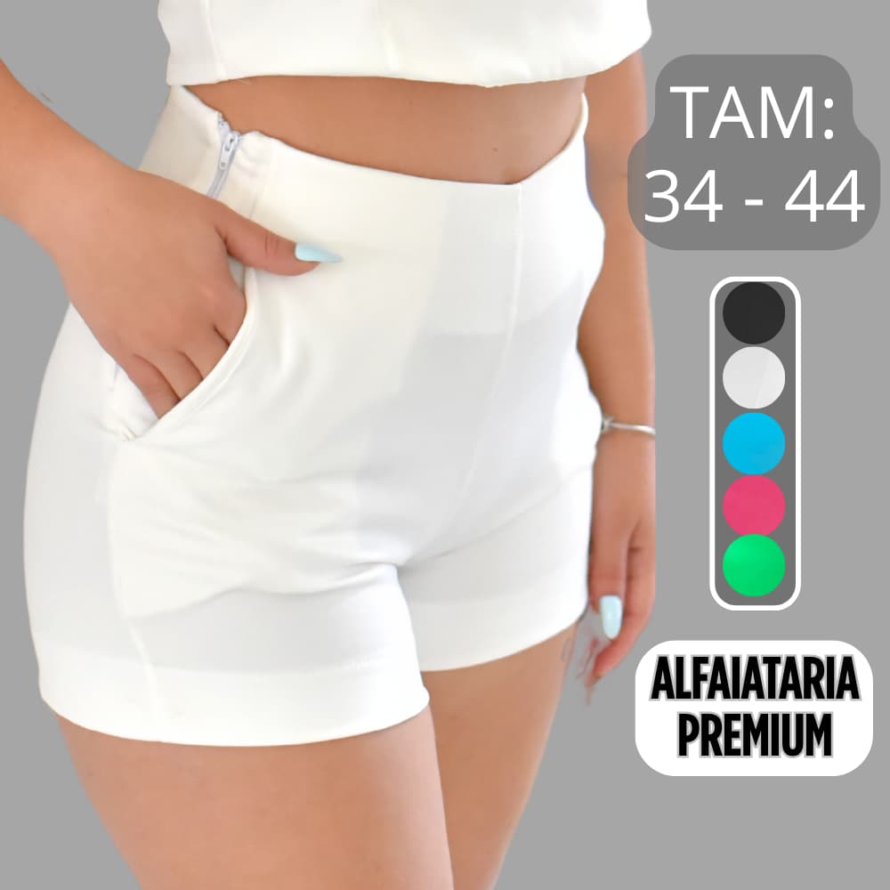 Short Alfaiataria Feminino Cintura Alta Com Bolso e Zíper na Lateral Alfaiataria Premium