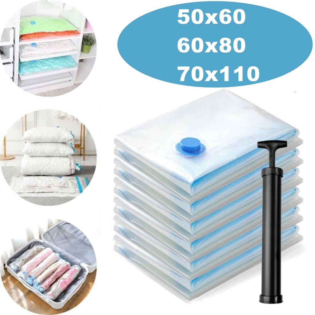 Kit 10 Saco À Vácuo Organizador + Bomba Manual Organização de Guarda Roupa Viagem Reutilizável