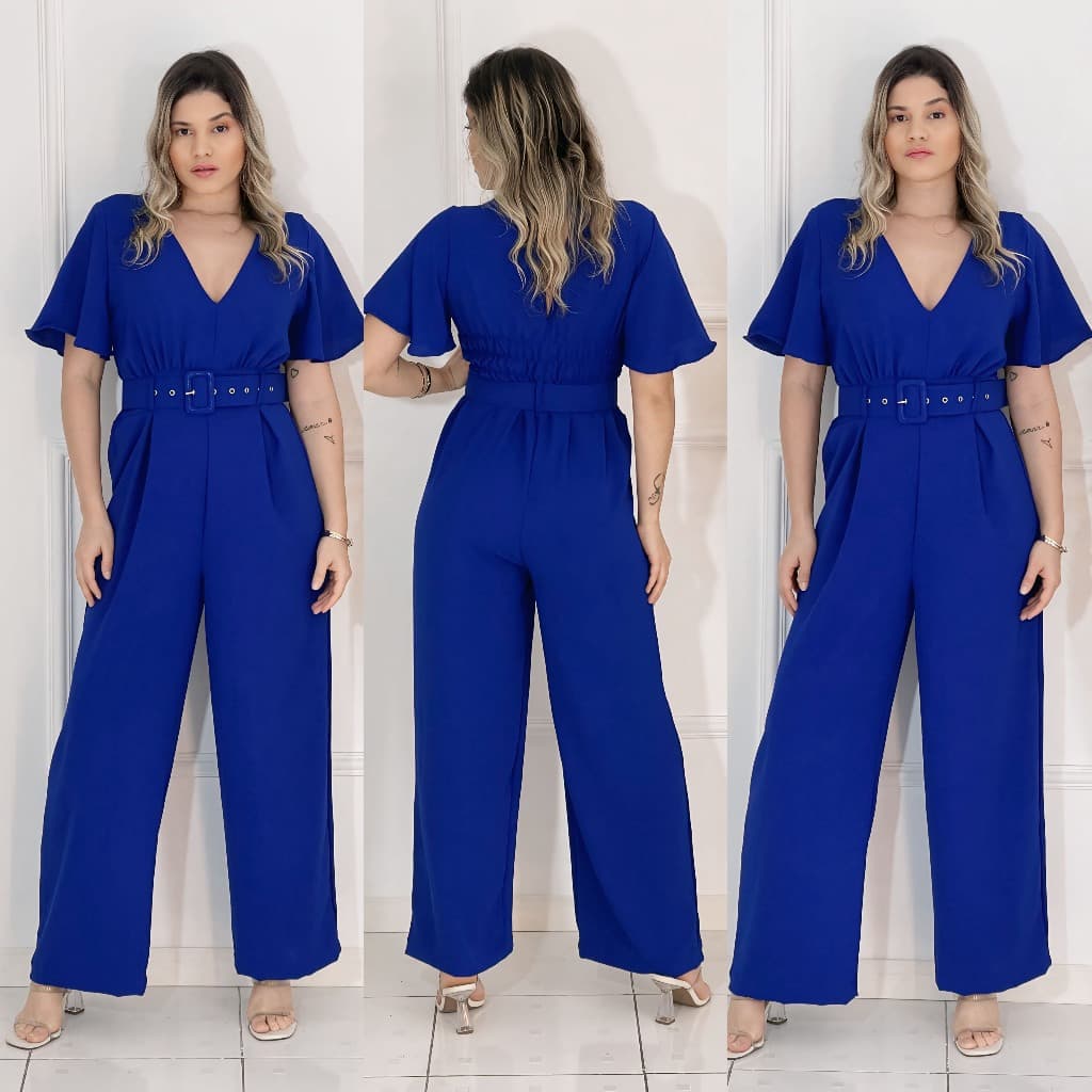 Macacão feminino patalona com manga e cinto forrado elegante