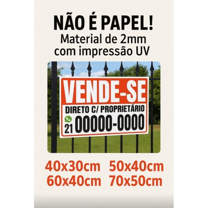 Placa "Vende-se" Direto com Proprietário | PS 2mm Resistente | Personalizável