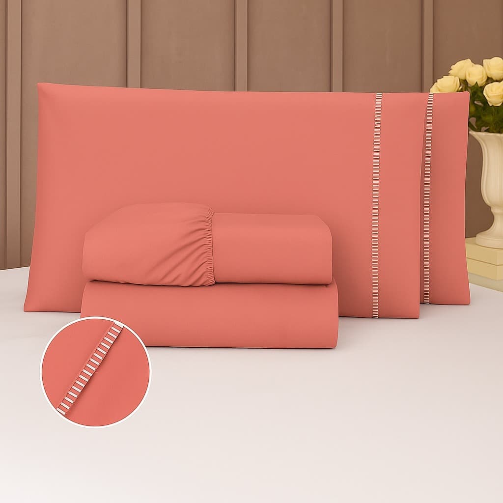 Jogo de Lençol 04 Peças 400 Fios Micropercal Ponto Palito Cama Solteiro, Casal, Queen, e King Super Macio