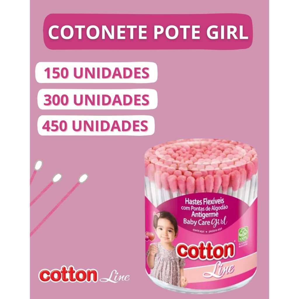 Pote De Cotonete Hastes Flexíveis 150 Unidades Cotton Line Baby Care Girl Rosa Baby