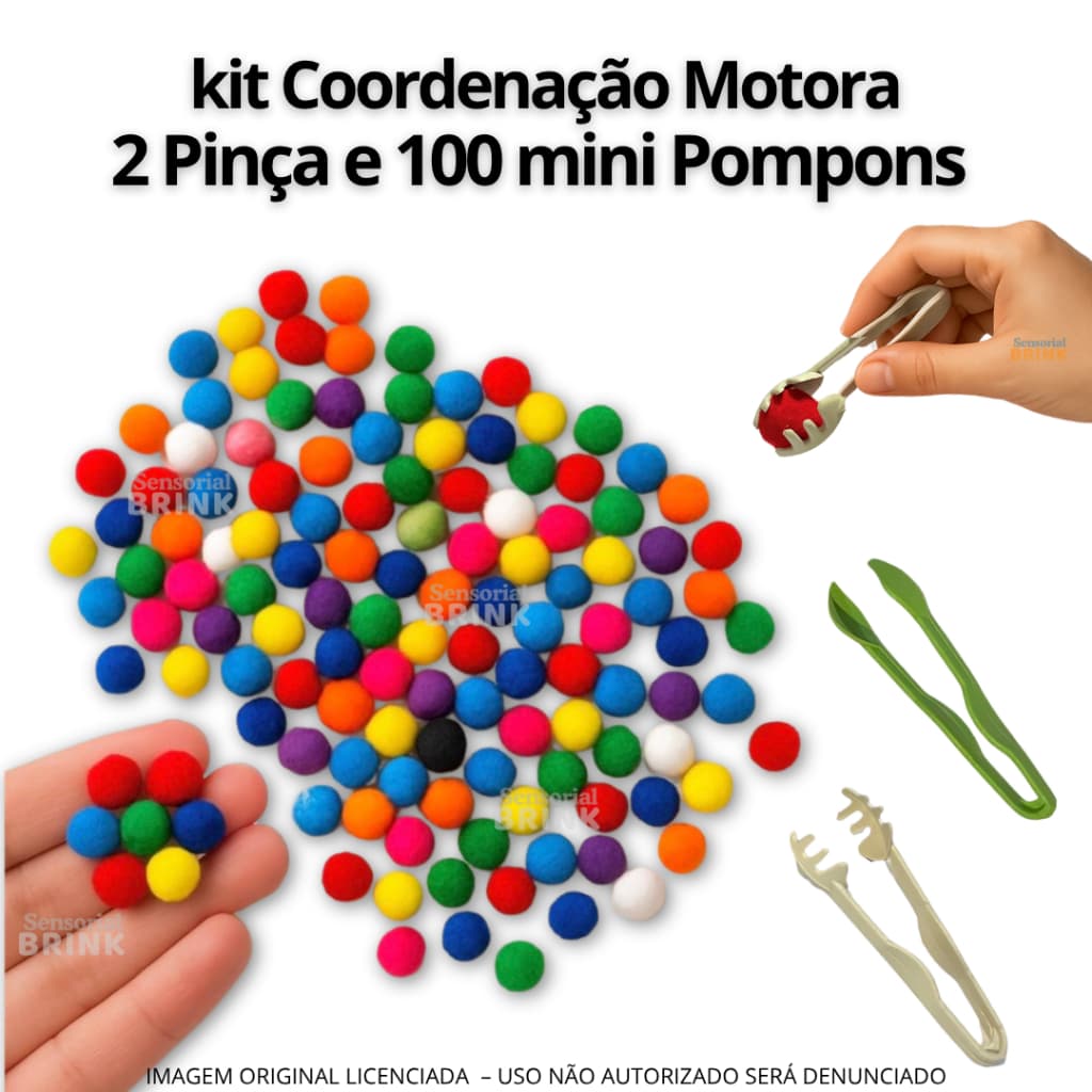 Kit 100 Mini Pompons Coloridos + 2 Pinças  - Coordenação motora fina - Atividades Sensorial Infantil - Montessori