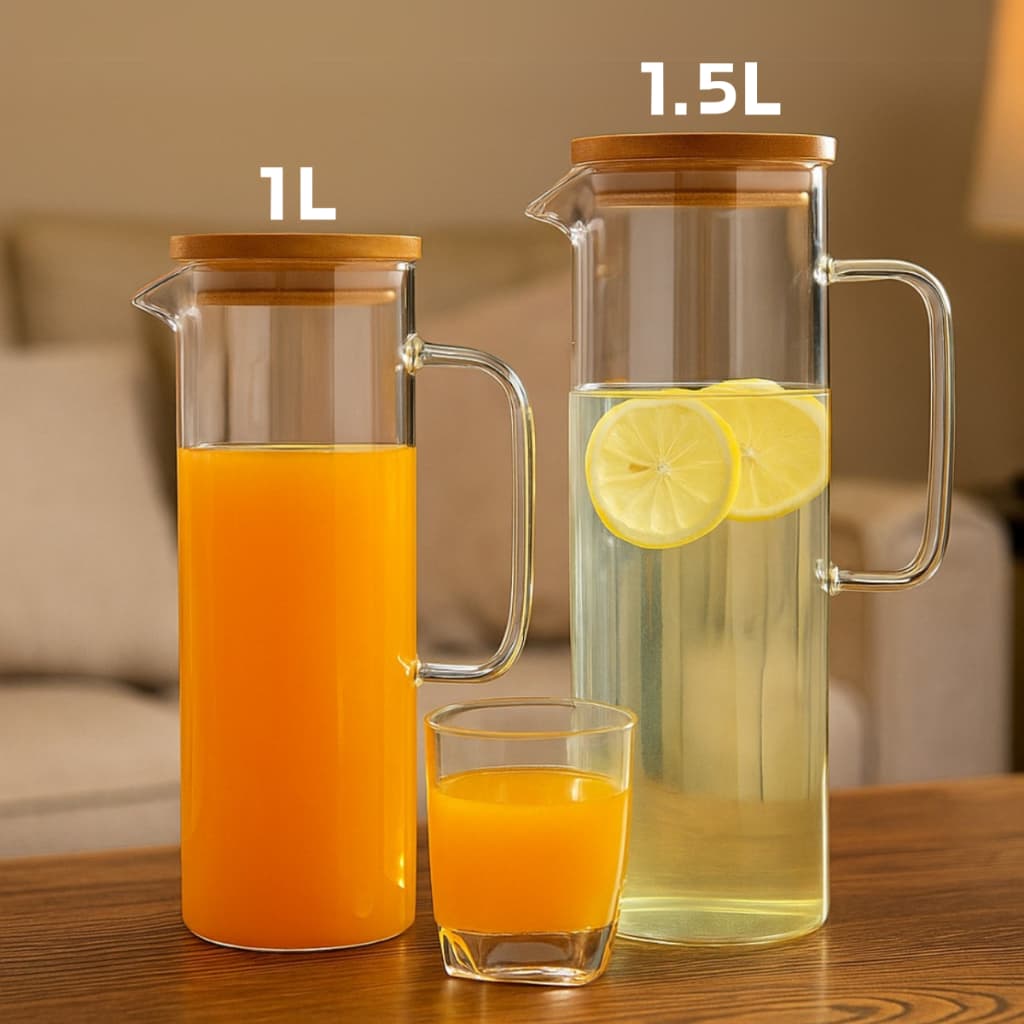 Jarra De Vidro Com Tampa De Bambu Para Servir Suco Água 1000ml/1500ml