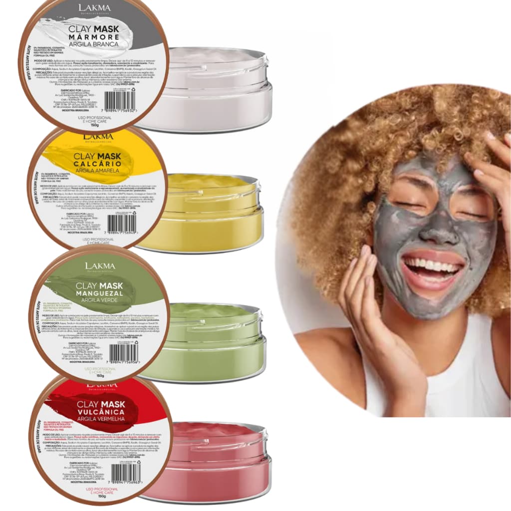 Máscara de Argila Lakma 150g – Amarela, Branca, Verde ou Vermelha | Controle de Oleosidade, Clareamento e Mais