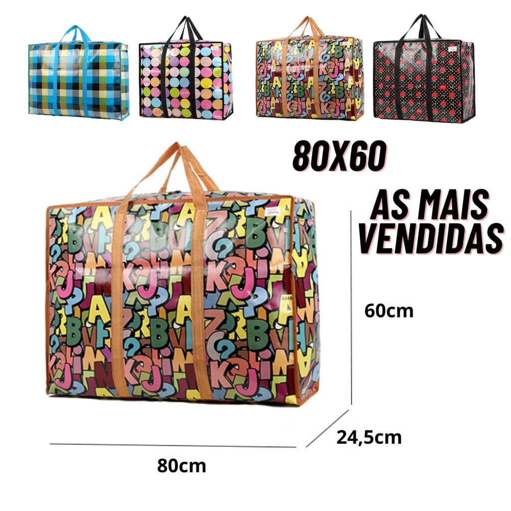 Sacola de Feira Grande Zíper Impermeável Sacoleira Zíper Resistente Compras Viagens Estampa Sortida