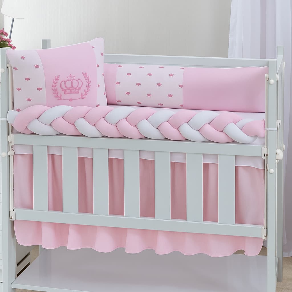 Kit Mini Berço 6 Peças com Trança e Mosquiteiro – Várias Estampas Aconchegantes para Bebê