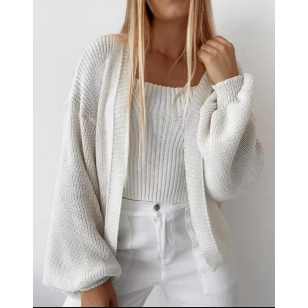 Casaco  Tricot Cardigan Feminino Ponto Fang Manga Longa Bufante Iverno