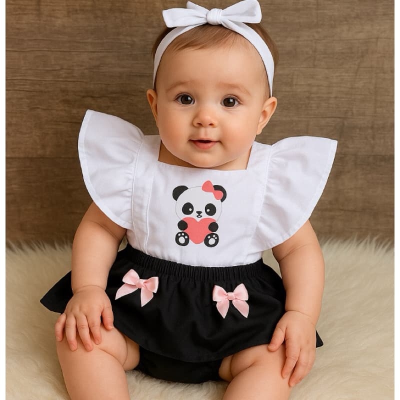 Romper Jardineira Body Turbante Mesversario Panda Pandinha + Laço