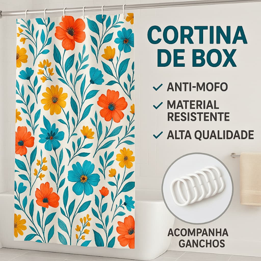 Cortina Box Banheiro Estampada Antimofo Resistente Impermeável com Ganchos