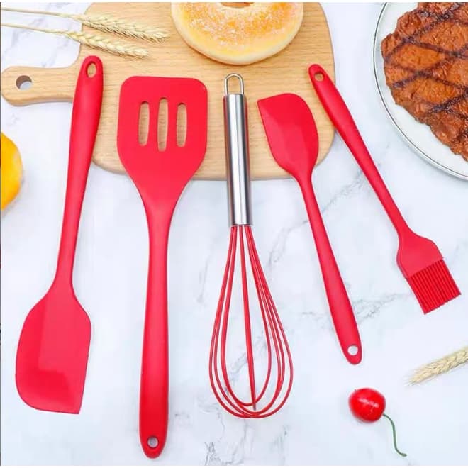 Kit 5 COM  Peças Utensílios de Cozinha Silicone Colher Espátula Fue Espátula Pequena Pincel