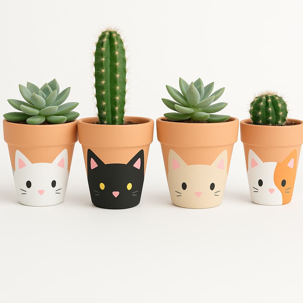 Kit 4 Vasos de Cerâmica Gatinho De Suculentas e Cactos – Decorativos, Feitos à Mão, Estilo Fofo para Jardim, Varanda