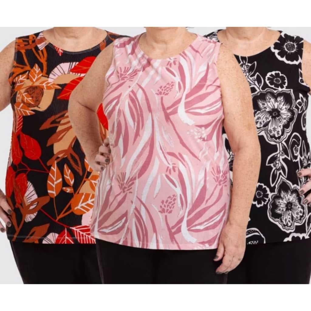 Kit 4 Camiseta Feminina Regata Estampada em Malha Fria Plus Size Liganete Idosos Senhora