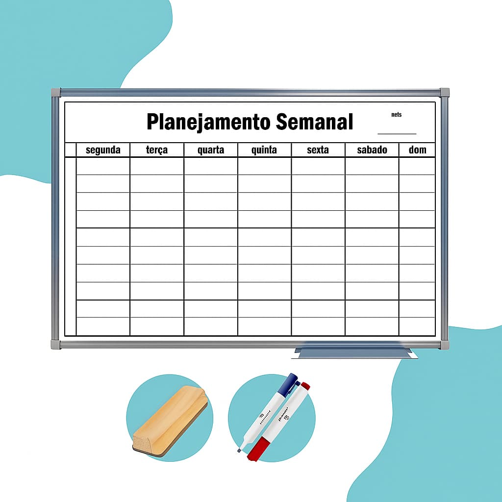 Quadro Lousa Branca Planejamento Semanal 90x60cm Alumínio + Marcadores + Apagador