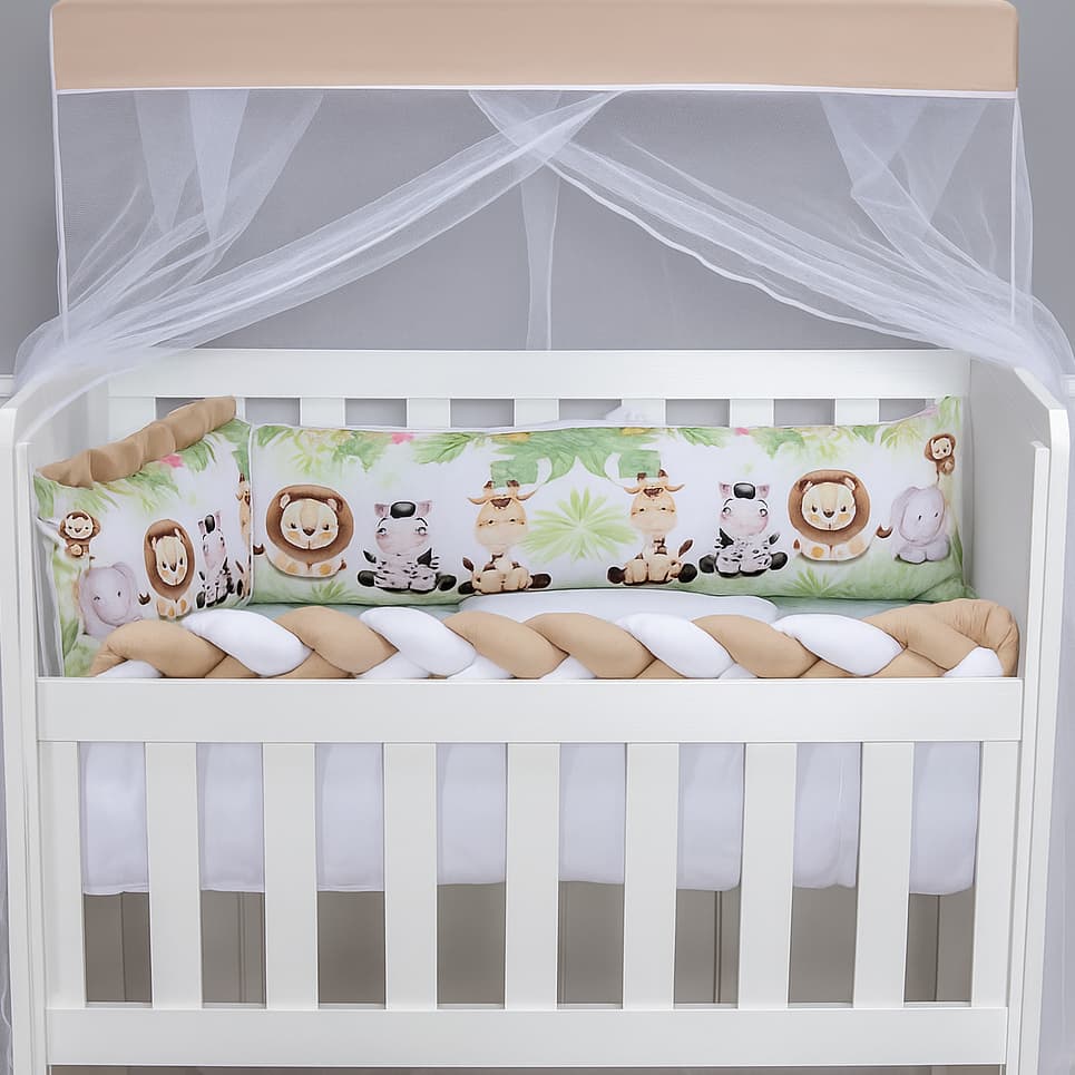 Kit Mini Berço 08 Peças com Trança, Mosquiteiro e Edredom – Enxoval Bebê Estampa Fofa e Confortável