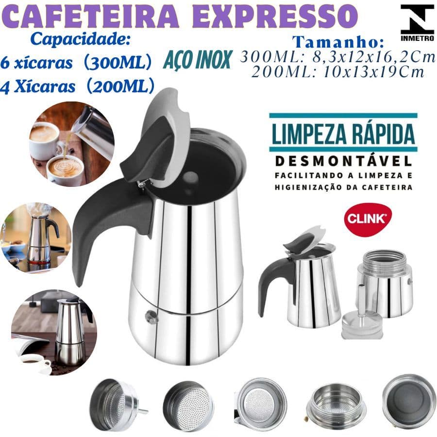 Cafeteira Italiana 300ML 6 Xícaras Inox Ou 200ML 4 Xícaras Compatível Com Fogão De Indução
