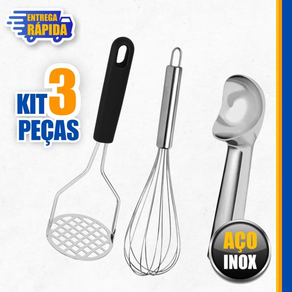 KIT 3 Peças Amassador de Batata Batedor de Claras Fuê e Colher de Sorvete Alumínio Casa Cozinha
