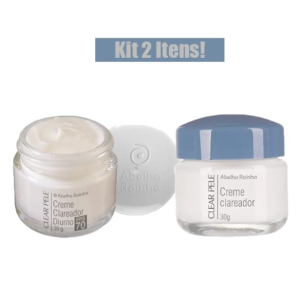 KIT 2 Itens 1 CLEAR PELE Creme CLAREADOR DIURNO FPS 70 30g + 1 CLEAR PELE Creme CLAREADOR NOTURNO 30g ABELHA RAINHA