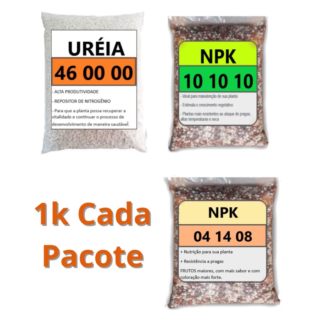 Kit Adubo com 3 Tipos de Fertilizantes NPK 10-10-10, NPK 04-14-08, NpK46-00-00 (Ureia)