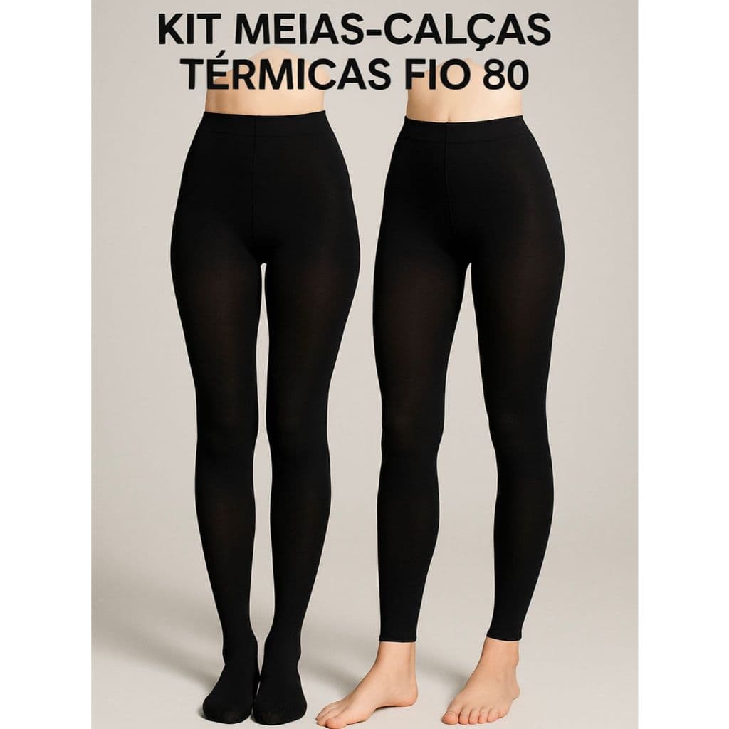 Kit 2 Meias-Calça Térmica Preta Peluciada Fio 80 Com Pé e Sem Pé Calça Segunda Pele