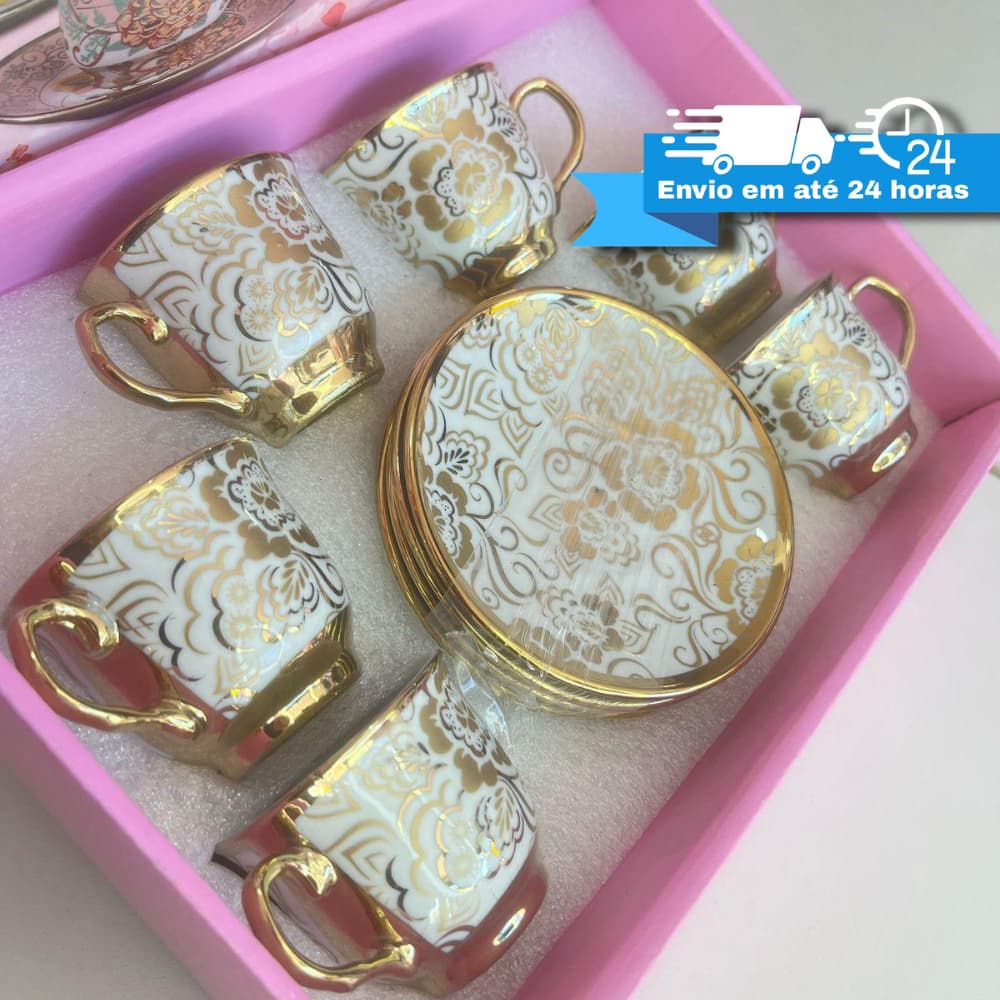 Kit Xícara de Porcelana 12 Peças com Pires|Jogo de Xícaras para Café Cerâmica Luxo Elegante Dourada