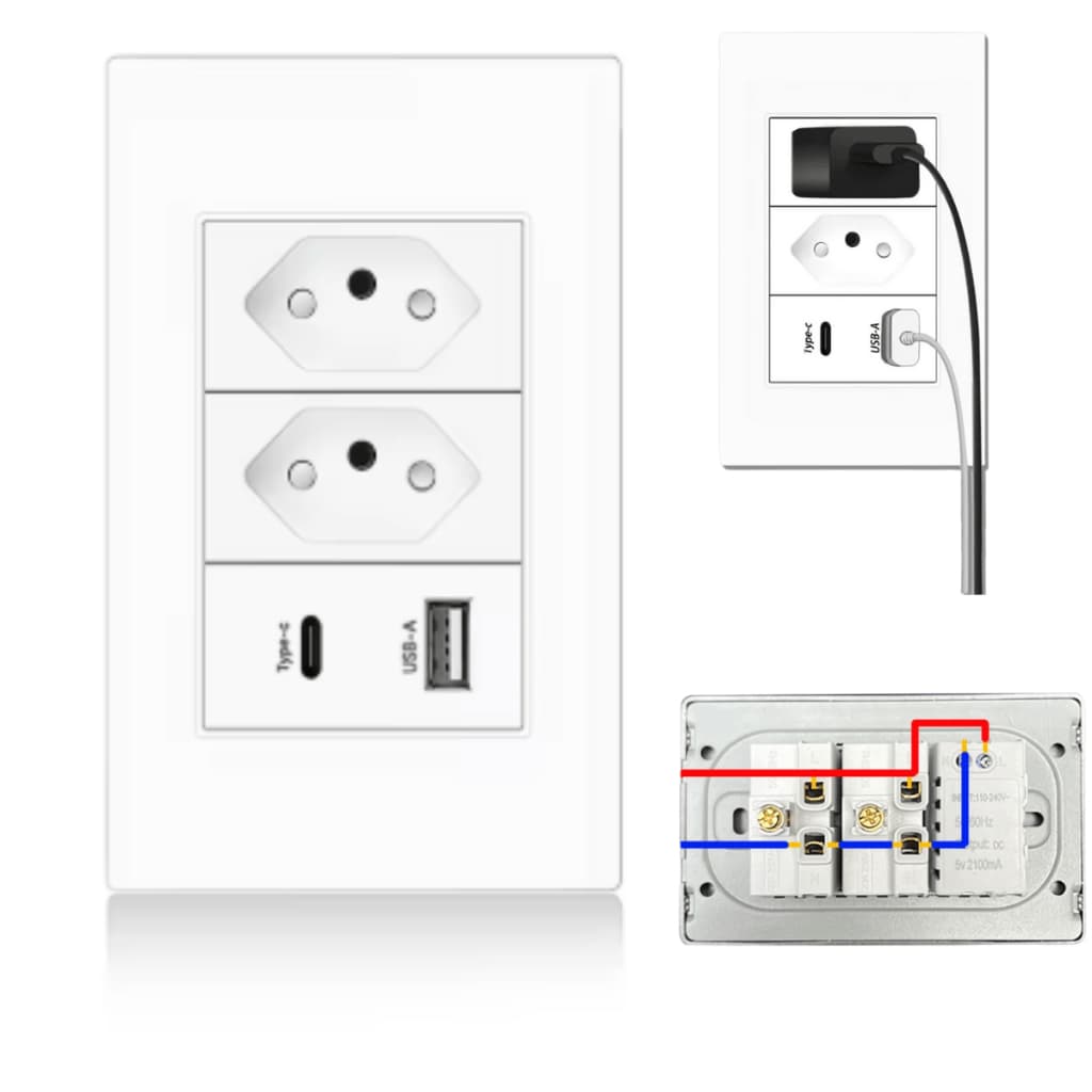 Tomada de Parede Dupla Com Entrada Usb e tipo C 5V Bivolt 4/1 Carregamento Rápido Multi Carregamento