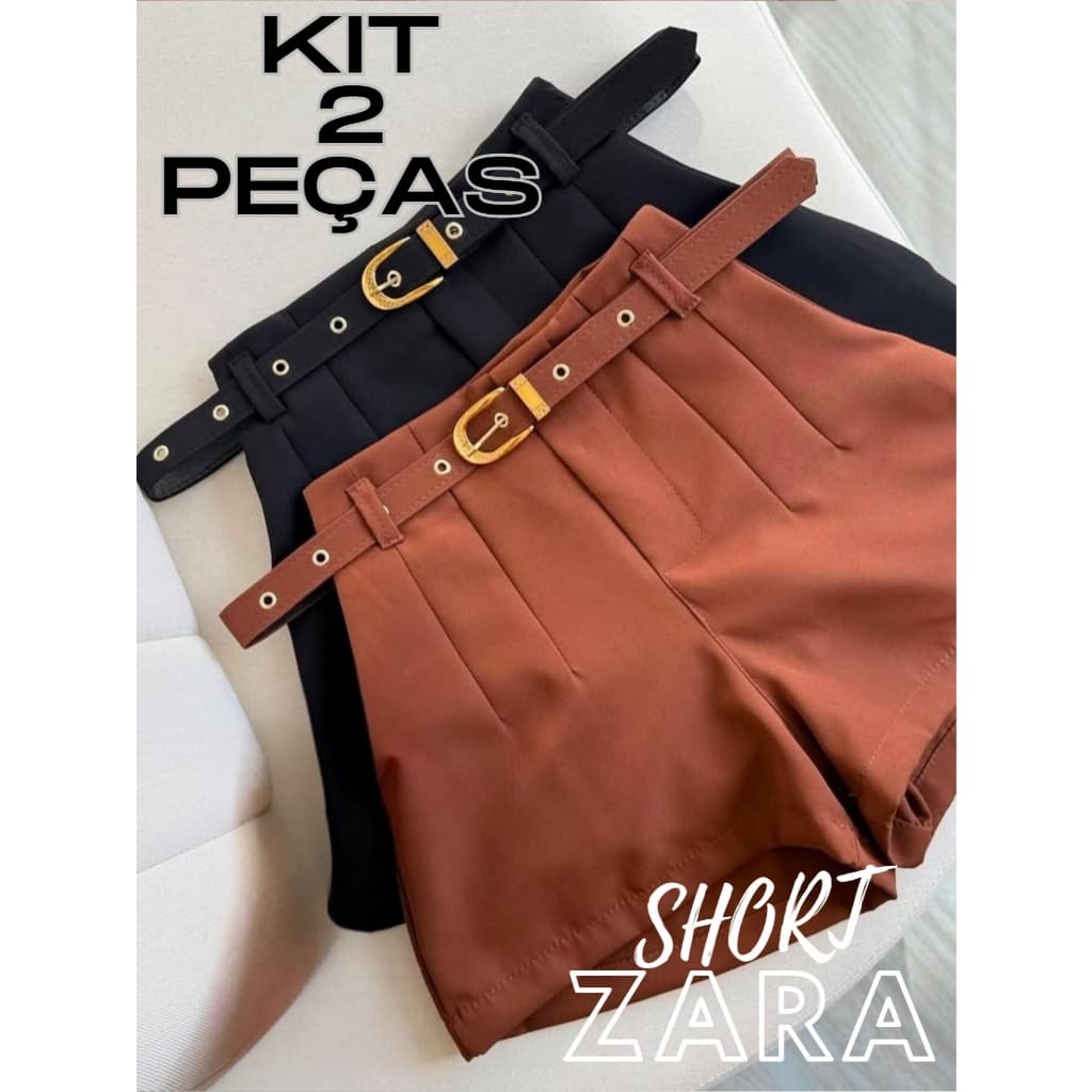KIT 2 Short Alfaiataria Cintura Alta Social Com Cinto e Bolso